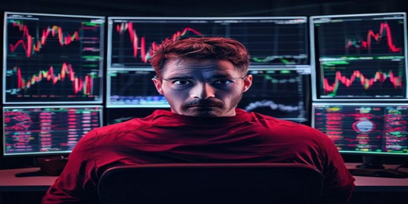 trader staring at red charts on multiple monitors with stressed expression