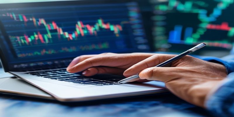 trader writing in a notebook with a laptop showing crypto charts